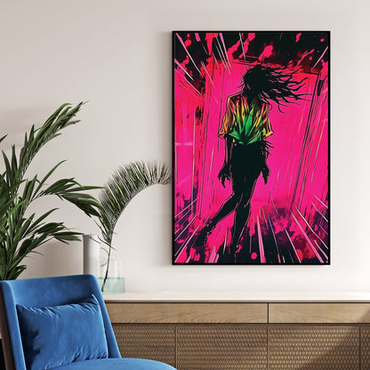 dark silhouette falling through vibrant neon pink tunnel wall art