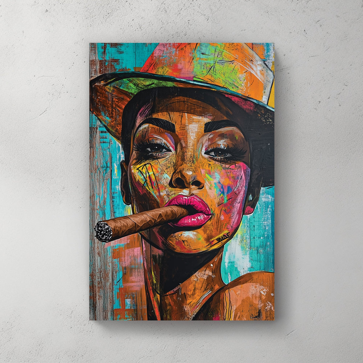 colourful graffiti-style portrait of woman in hat with cigar wall art