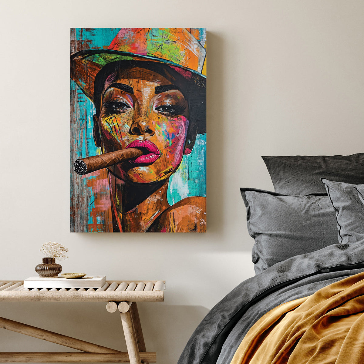 colourful graffiti-style portrait of woman in hat with cigar wall art