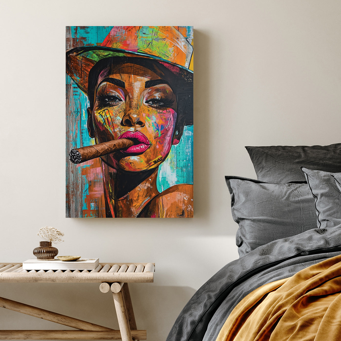colourful graffiti-style portrait of woman in hat with cigar wall art