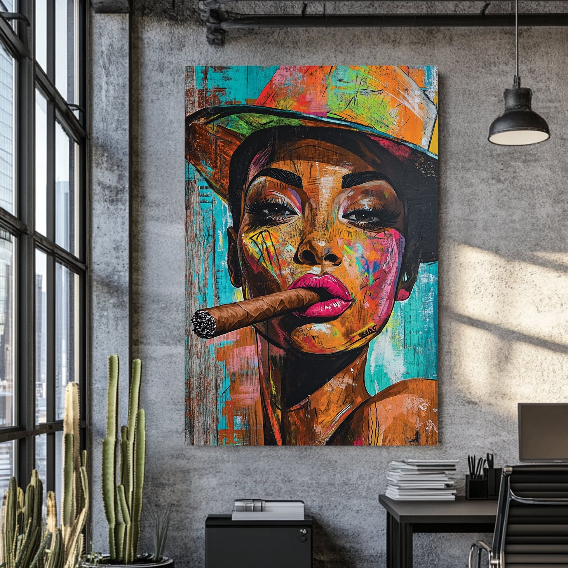 colourful graffiti-style portrait of woman in hat with cigar wall art