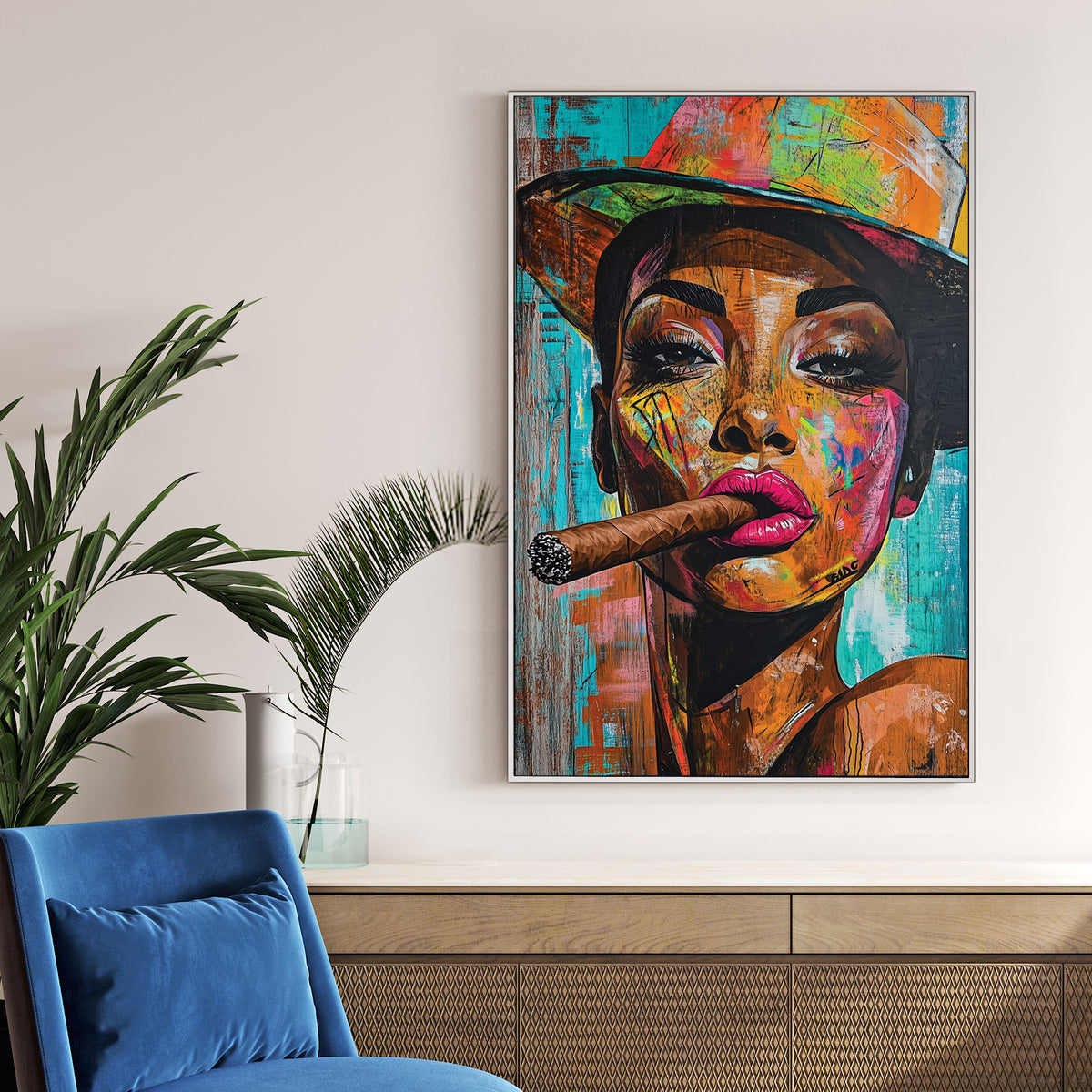 colourful graffiti-style portrait of woman in hat with cigar wall art