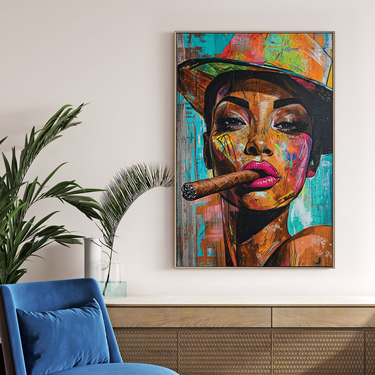 colourful graffiti-style portrait of woman in hat with cigar wall art
