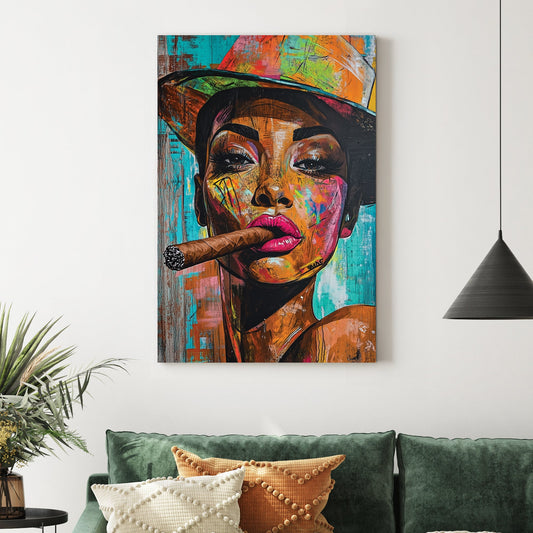 colourful graffiti-style portrait of woman in hat with cigar wall art
