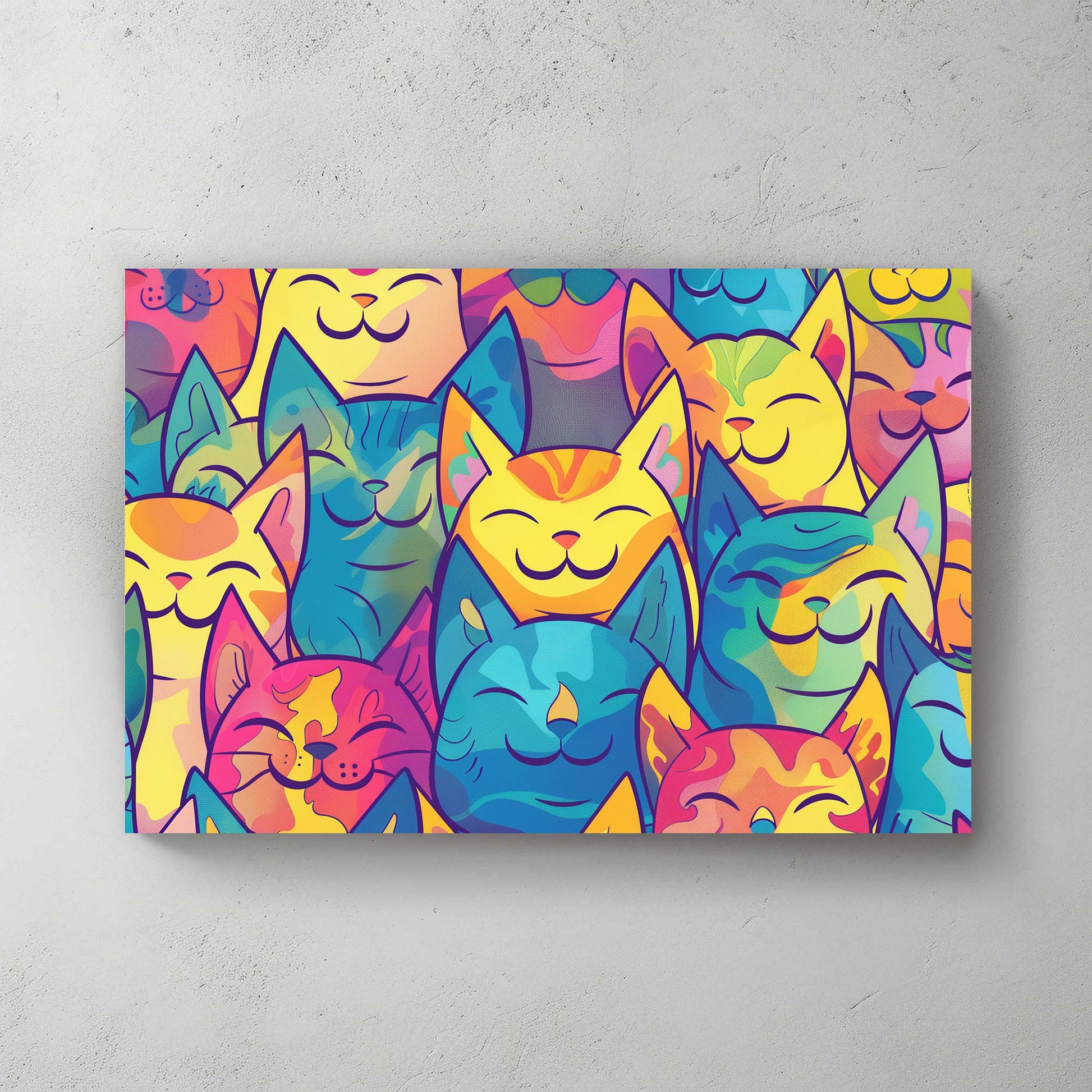 colourful pop art cartoon cats pattern with smiling faces wall art