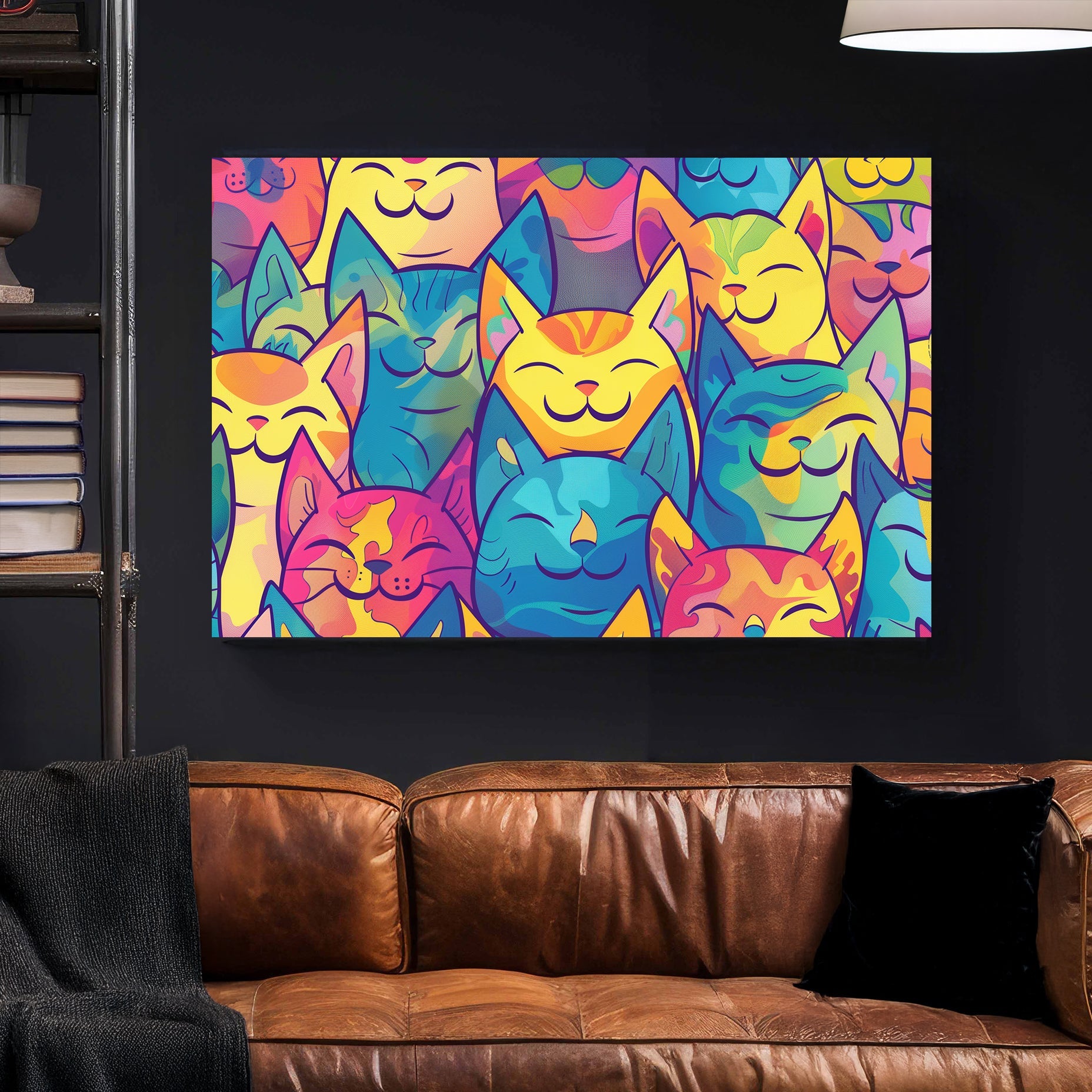 colourful pop art cartoon cats pattern with smiling faces wall art