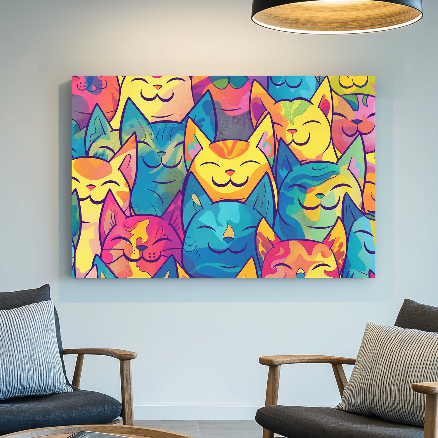 colourful pop art cartoon cats pattern with smiling faces wall art