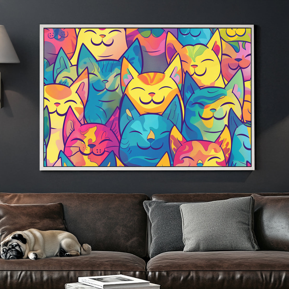 colourful pop art cartoon cats pattern with smiling faces wall art