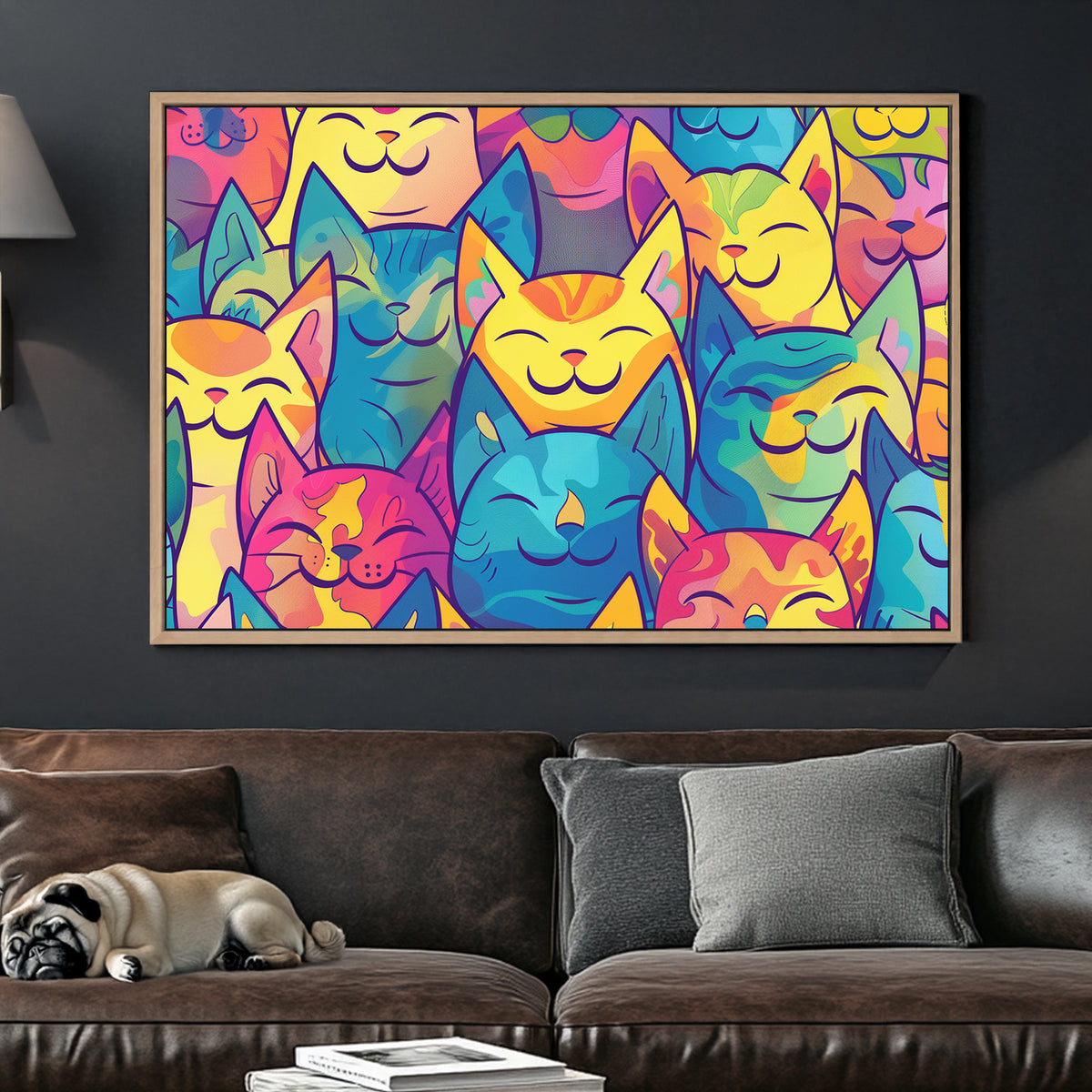 colourful pop art cartoon cats pattern with smiling faces wall art