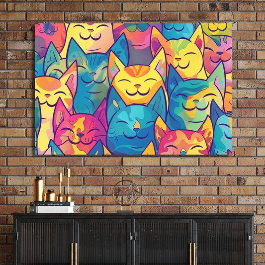 colourful pop art cartoon cats pattern with smiling faces wall art
