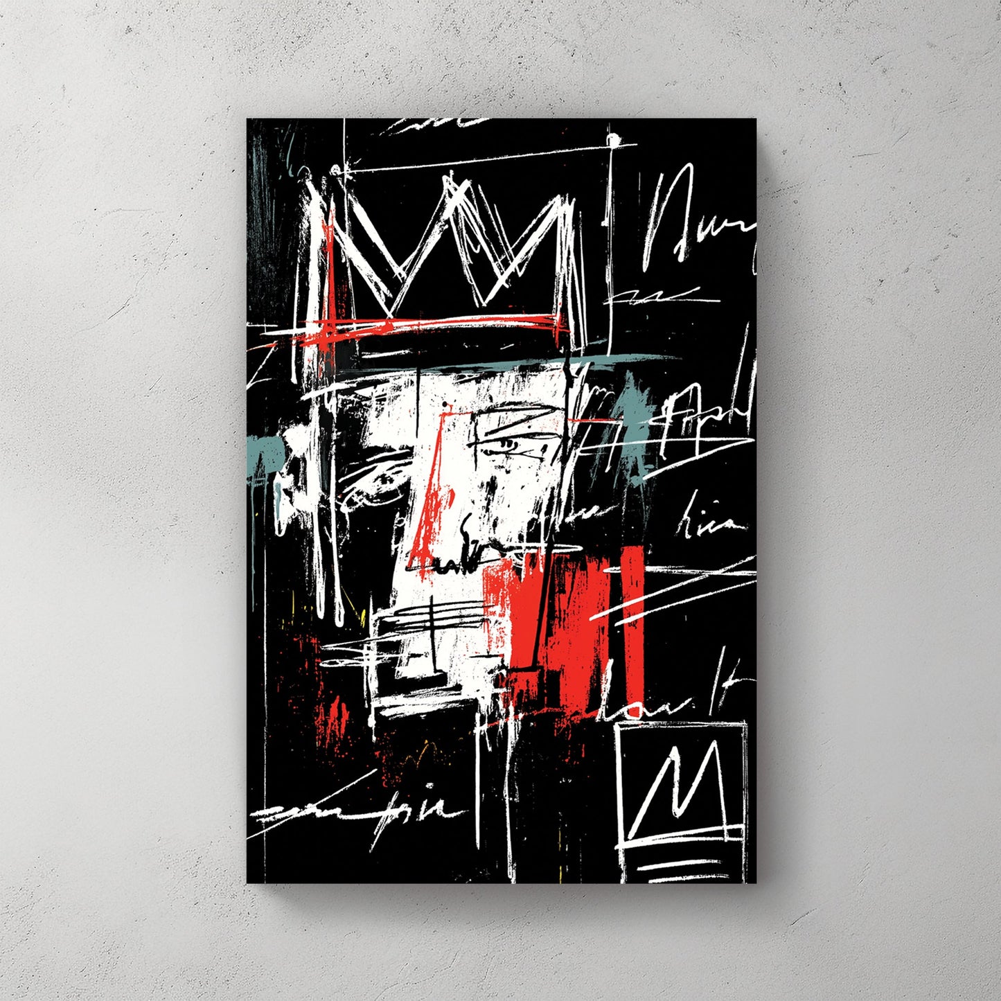 graffiti-style abstract face with crown and scribbled text wall art