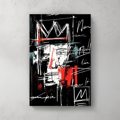 graffiti-style abstract face with crown and scribbled text wall art