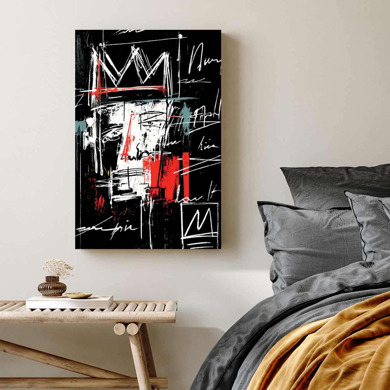 graffiti-style abstract face with crown and scribbled text wall art
