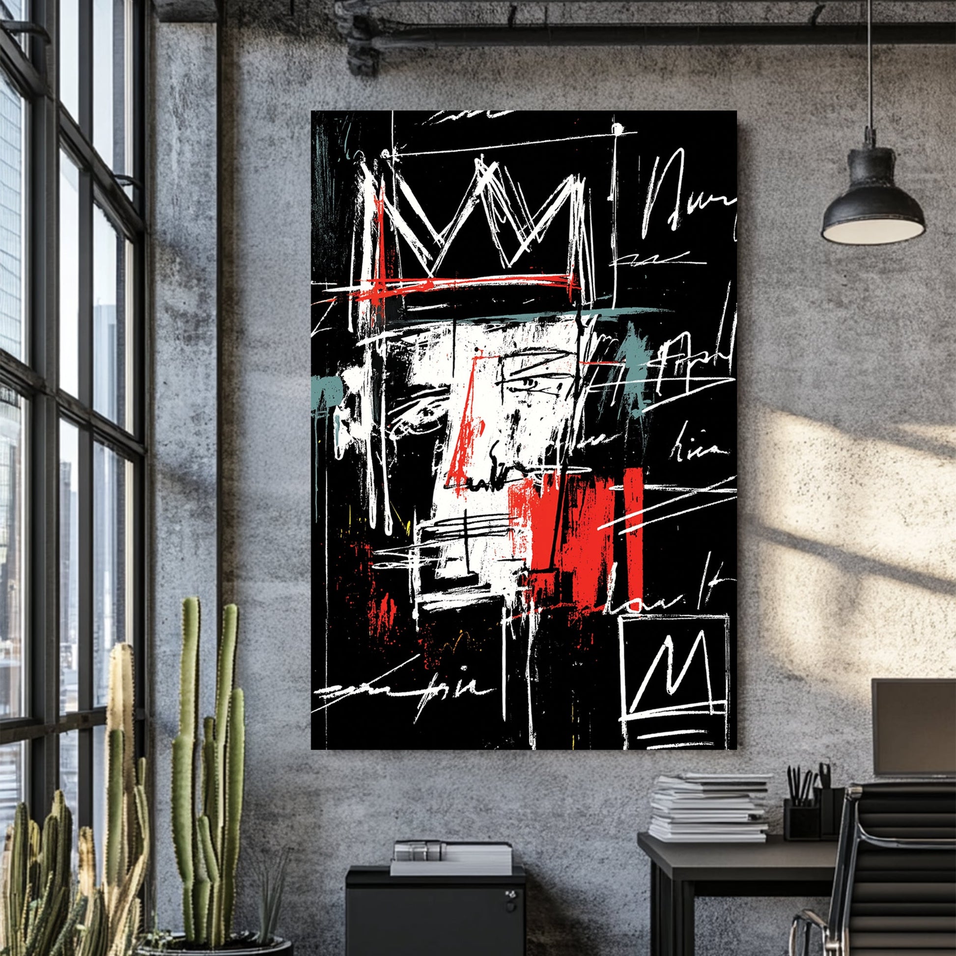 graffiti-style abstract face with crown and scribbled text wall art