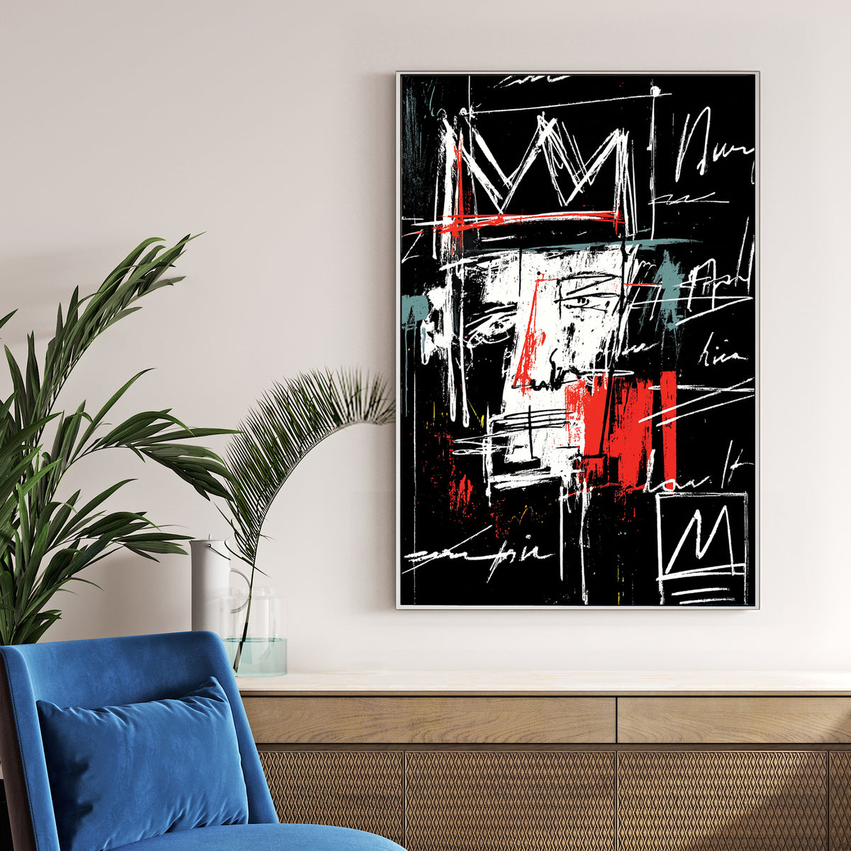 graffiti-style abstract face with crown and scribbled text wall art