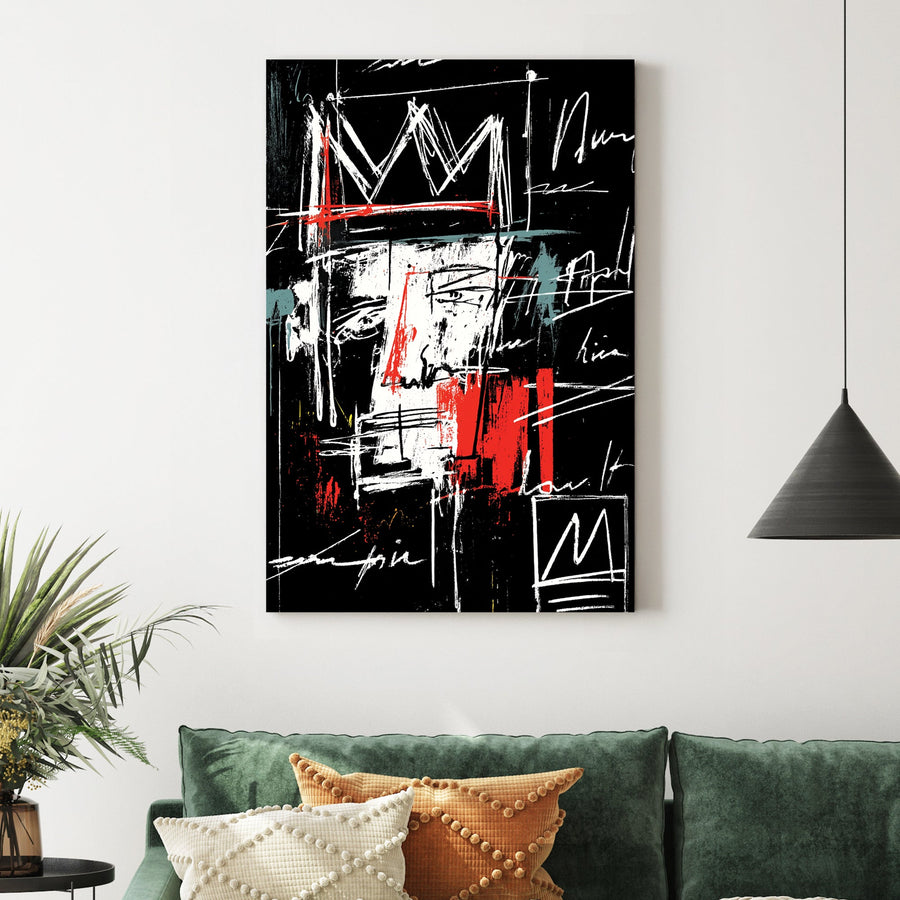 graffiti-style abstract face with crown and scribbled text wall art