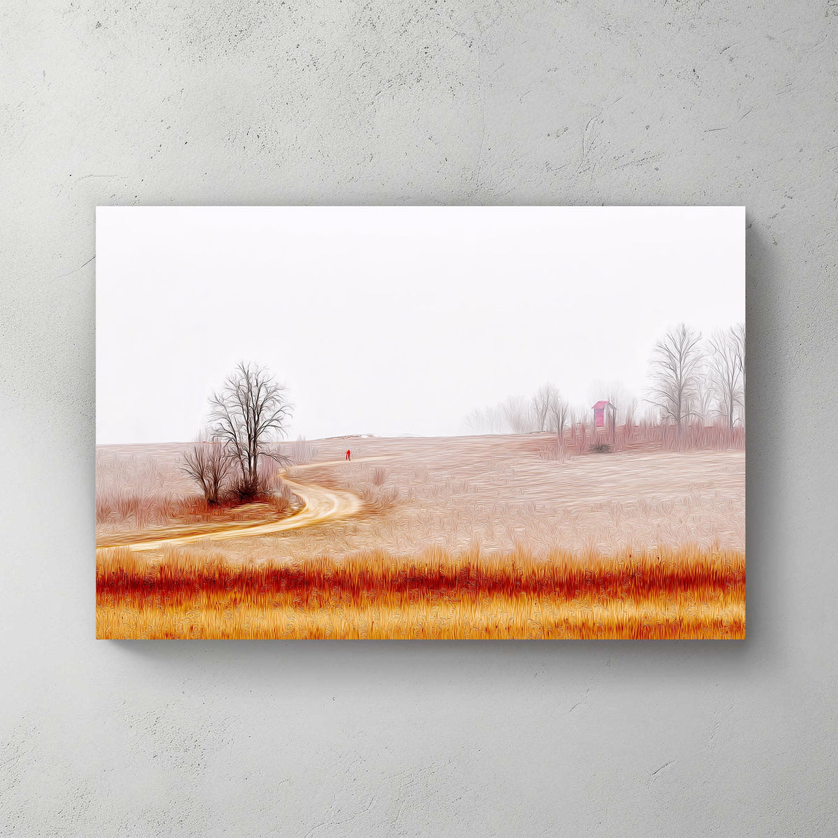 misty countryside landscape with winding path and lone figure wall art
