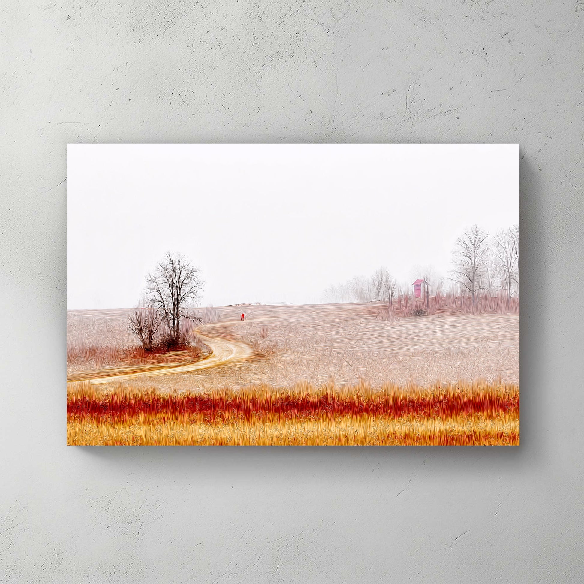 misty countryside landscape with winding path and lone figure wall art