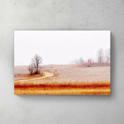 misty countryside landscape with winding path and lone figure wall art