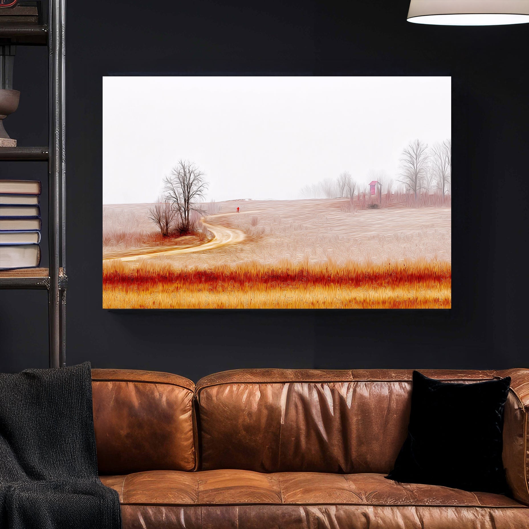 misty countryside landscape with winding path and lone figure wall art
