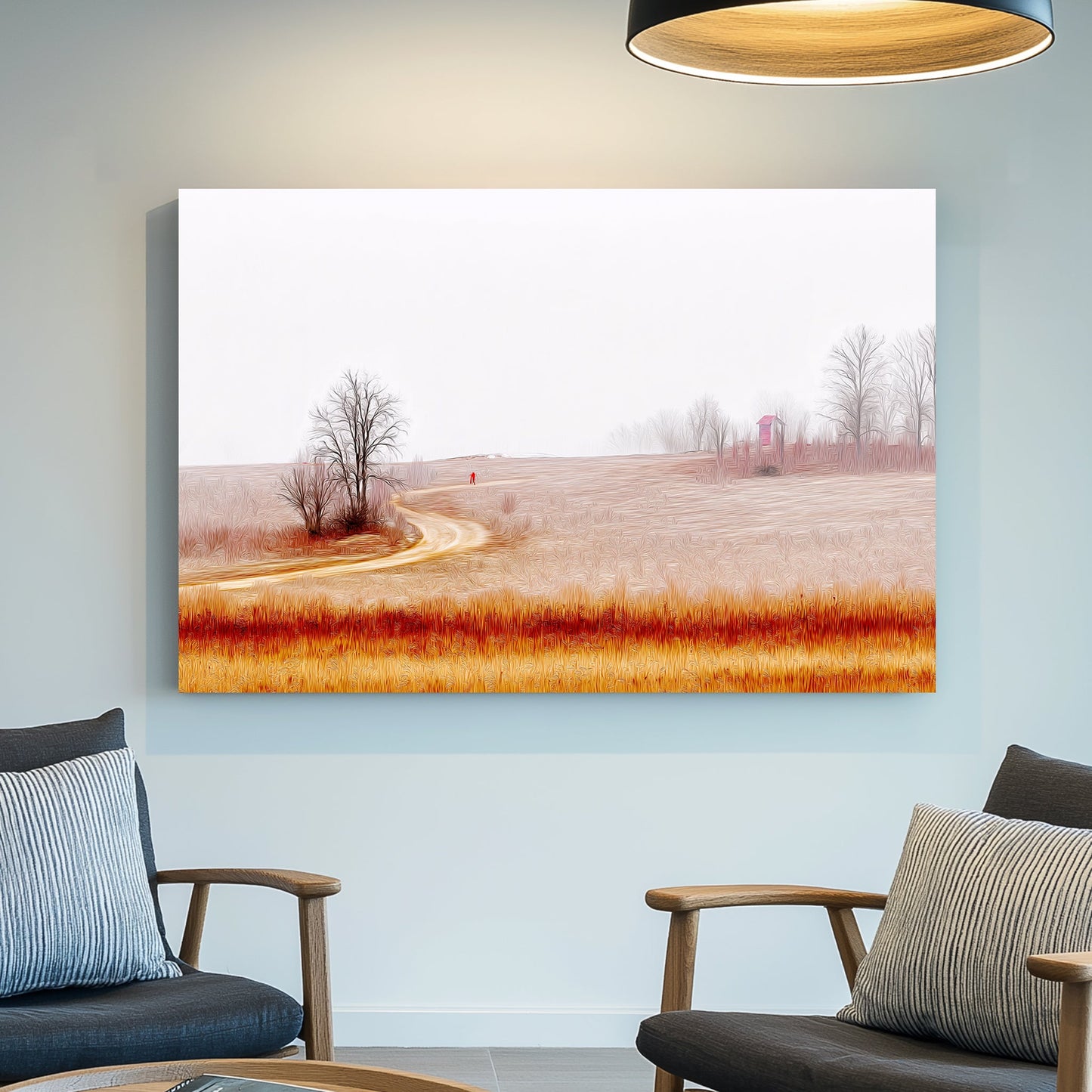 misty countryside landscape with winding path and lone figure wall art