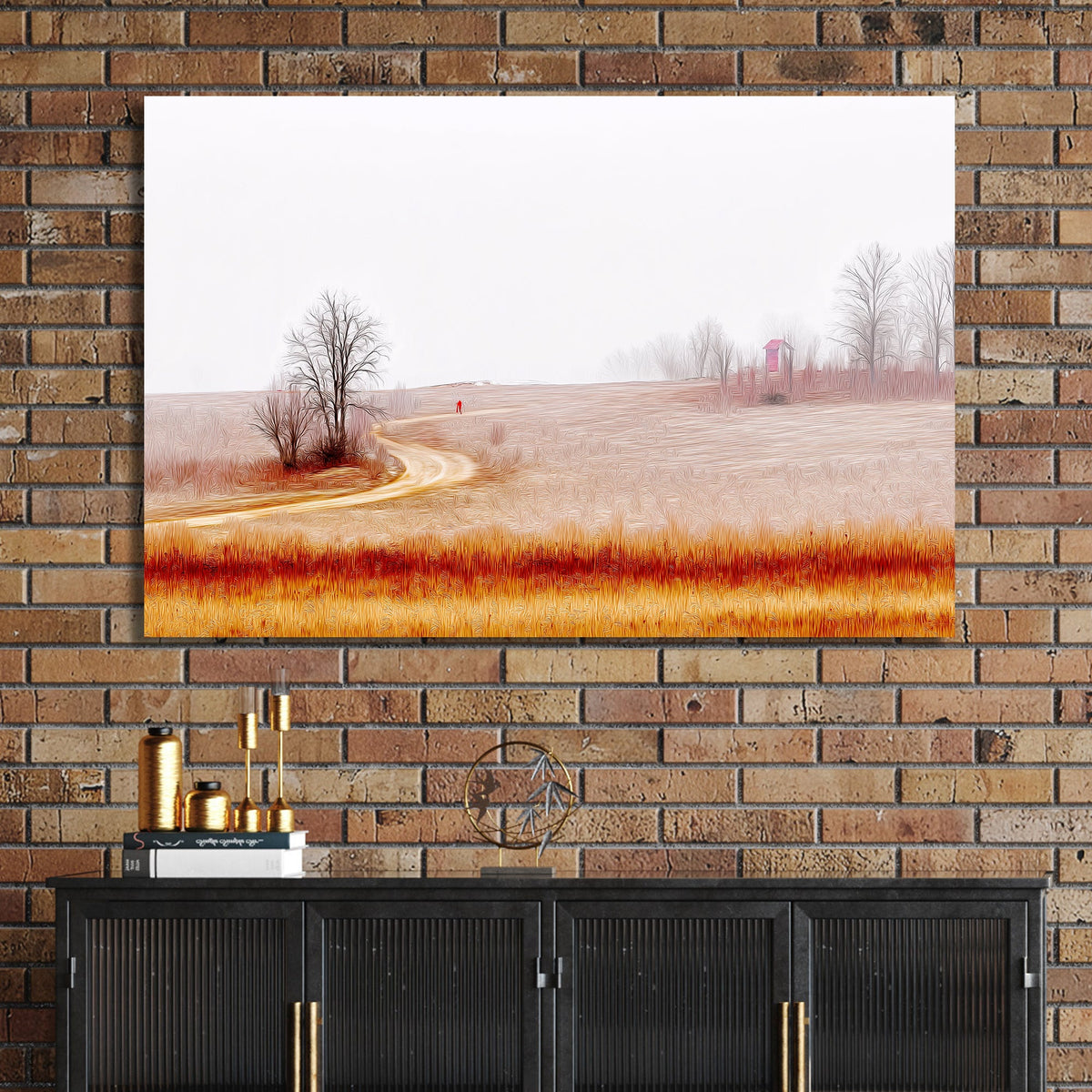 misty countryside landscape with winding path and lone figure wall art