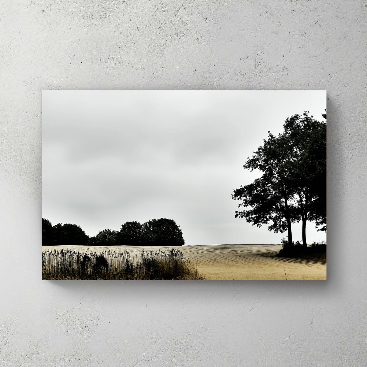 moody rural landscape with trees and curved farmland under grey sky wall art