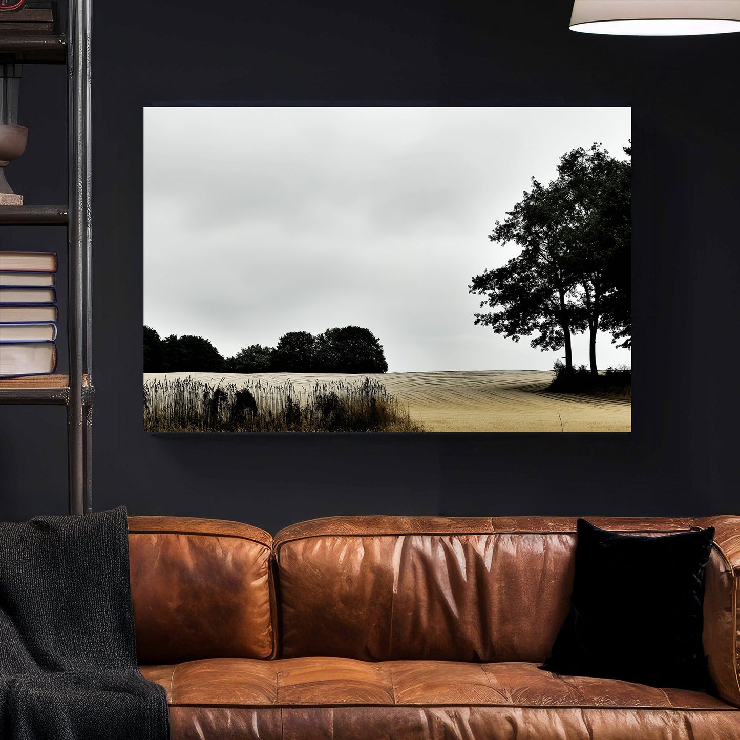 moody rural landscape with trees and curved farmland under grey sky wall art