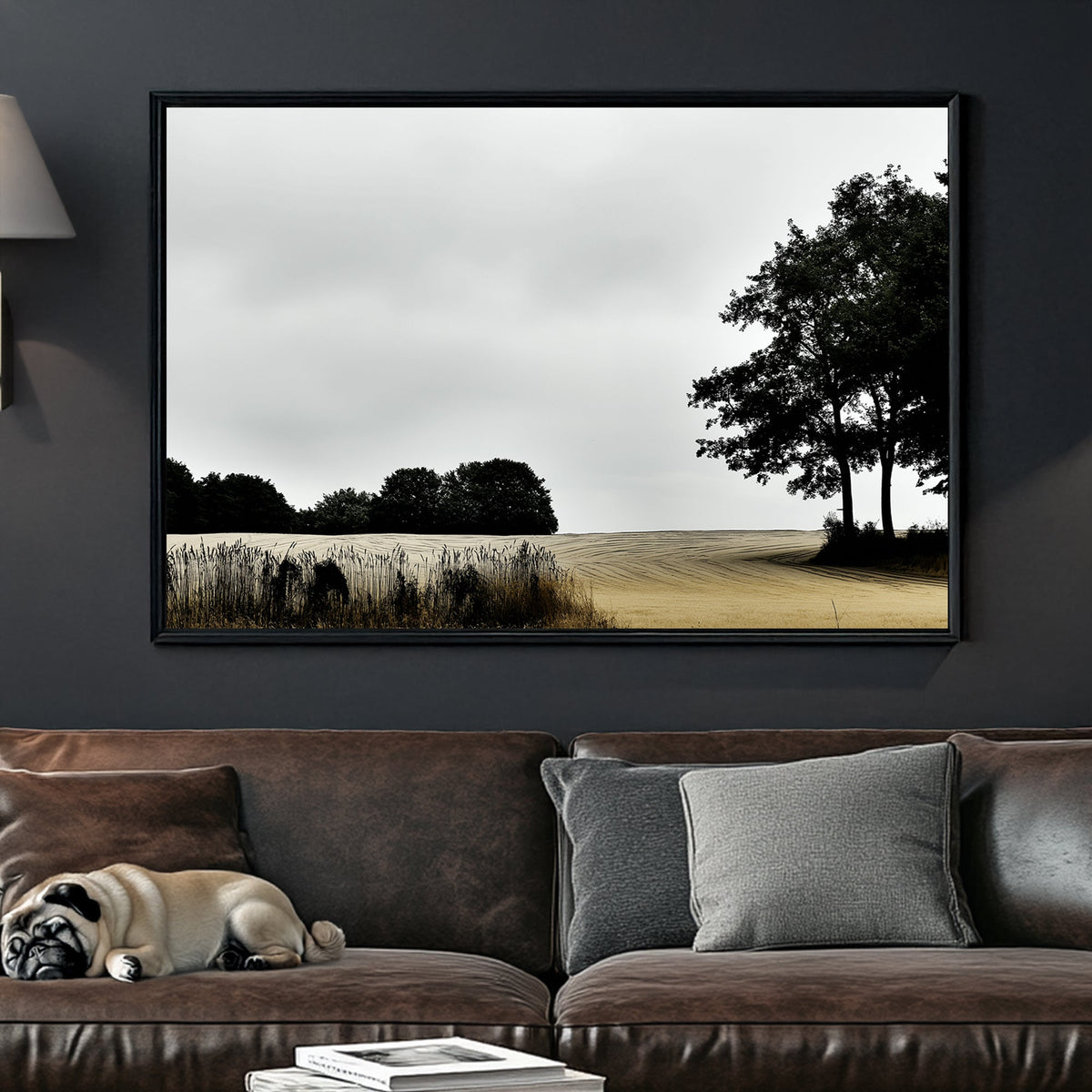 moody rural landscape with trees and curved farmland under grey sky wall art