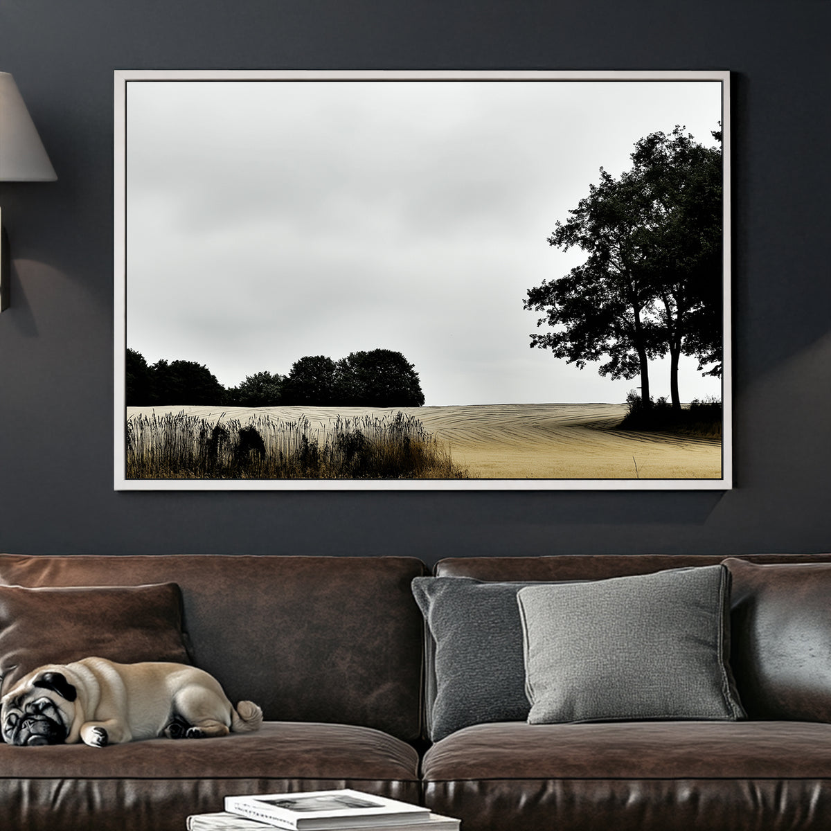 moody rural landscape with trees and curved farmland under grey sky wall art