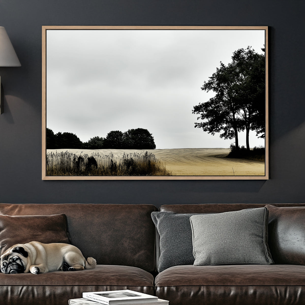 moody rural landscape with trees and curved farmland under grey sky wall art