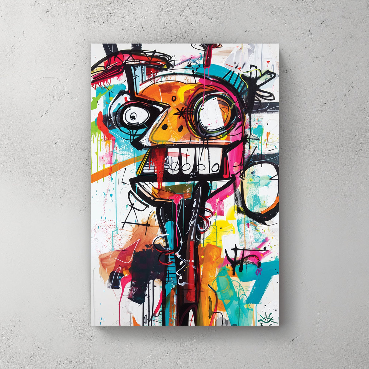 chaotic abstract face in neon graffiti style with bold lines and colour wall art