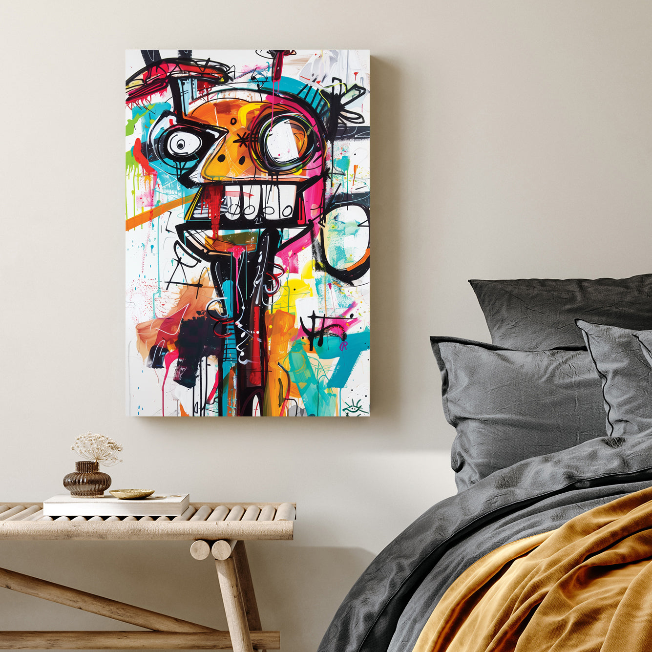 chaotic abstract face in neon graffiti style with bold lines and colour wall art