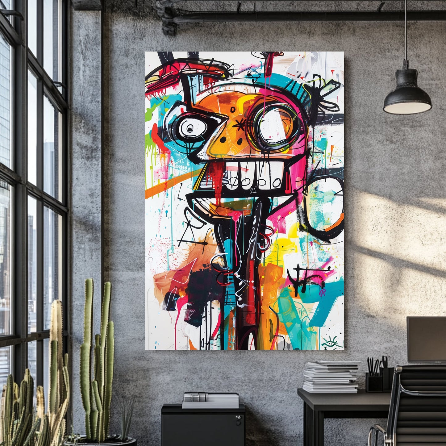 chaotic abstract face in neon graffiti style with bold lines and colour wall art
