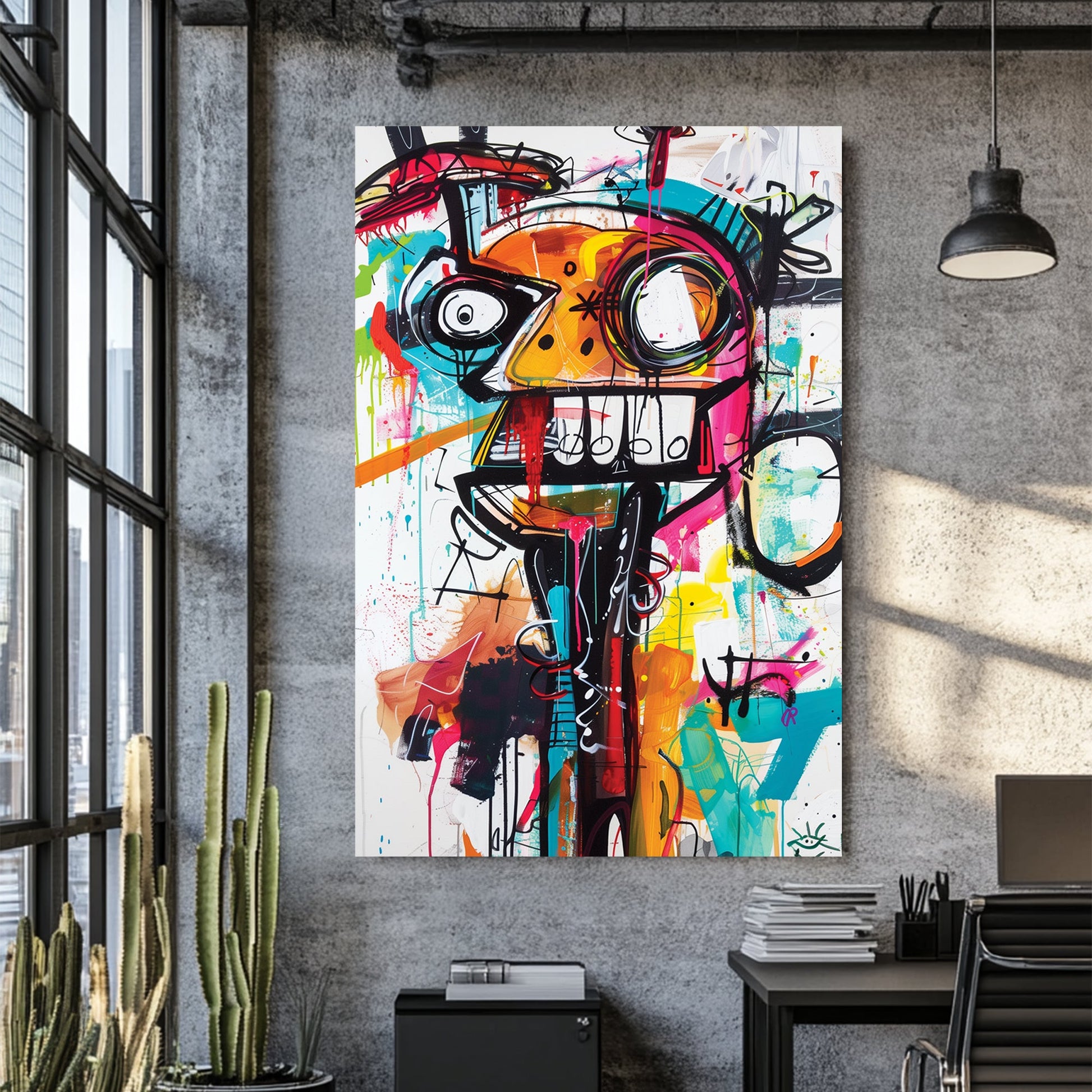 chaotic abstract face in neon graffiti style with bold lines and colour wall art