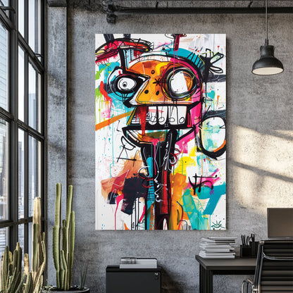 chaotic abstract face in neon graffiti style with bold lines and colour wall art