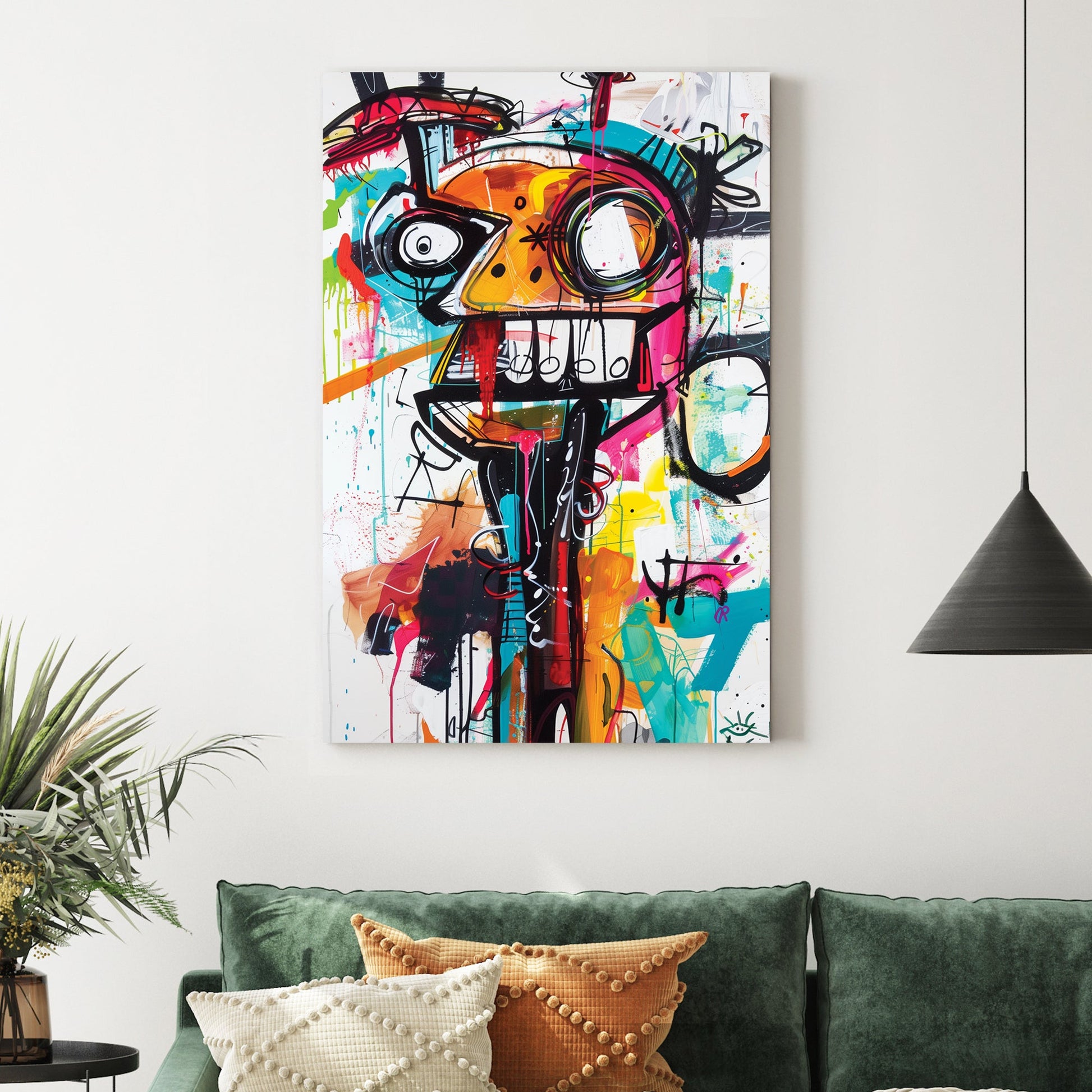 chaotic abstract face in neon graffiti style with bold lines and colour wall art