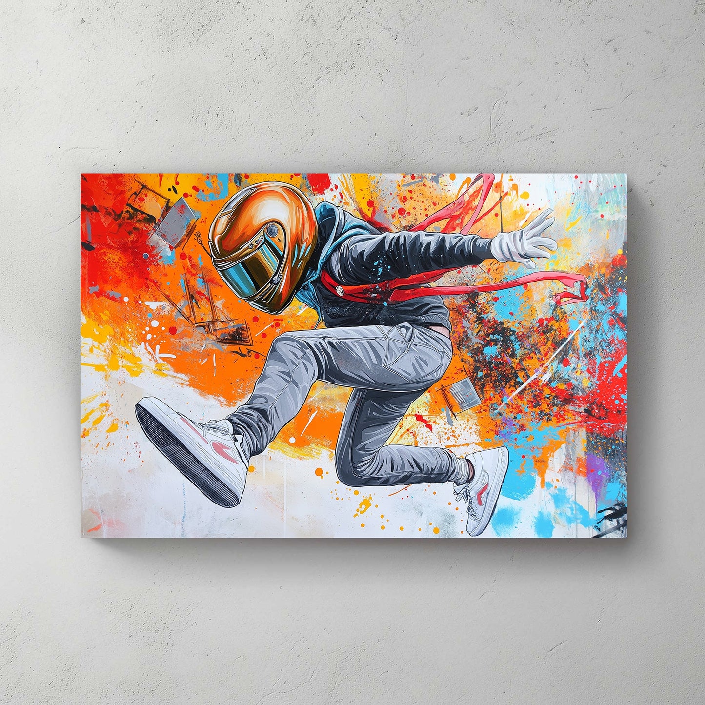 dynamic street-style artwork of person in helmet mid-jump with paint explosion wall art