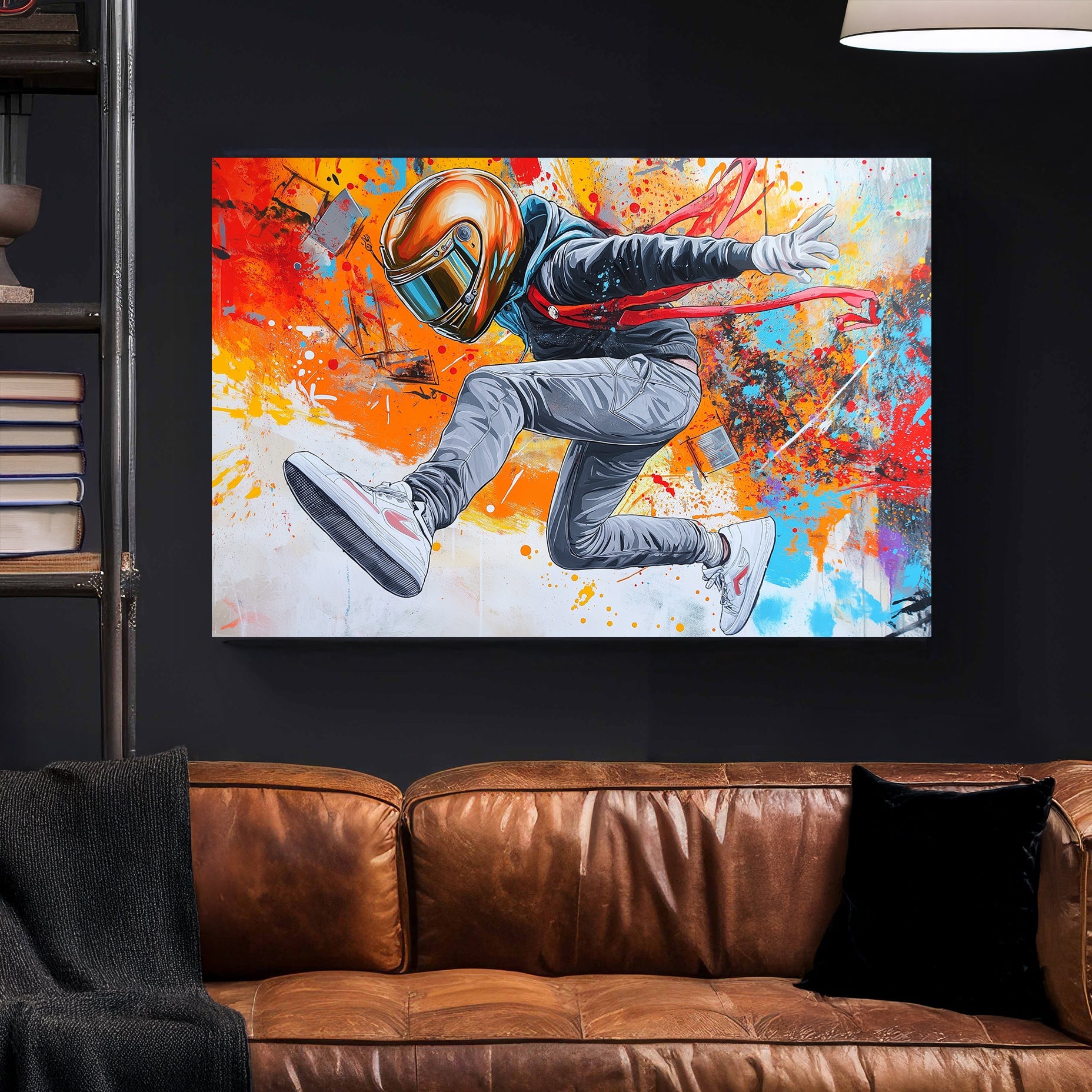 dynamic street-style artwork of person in helmet mid-jump with paint explosion wall art