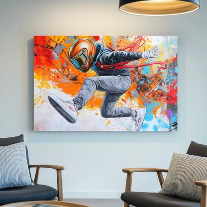 dynamic street-style artwork of person in helmet mid-jump with paint explosion wall art
