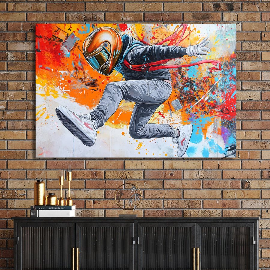 dynamic street-style artwork of person in helmet mid-jump with paint explosion wall art