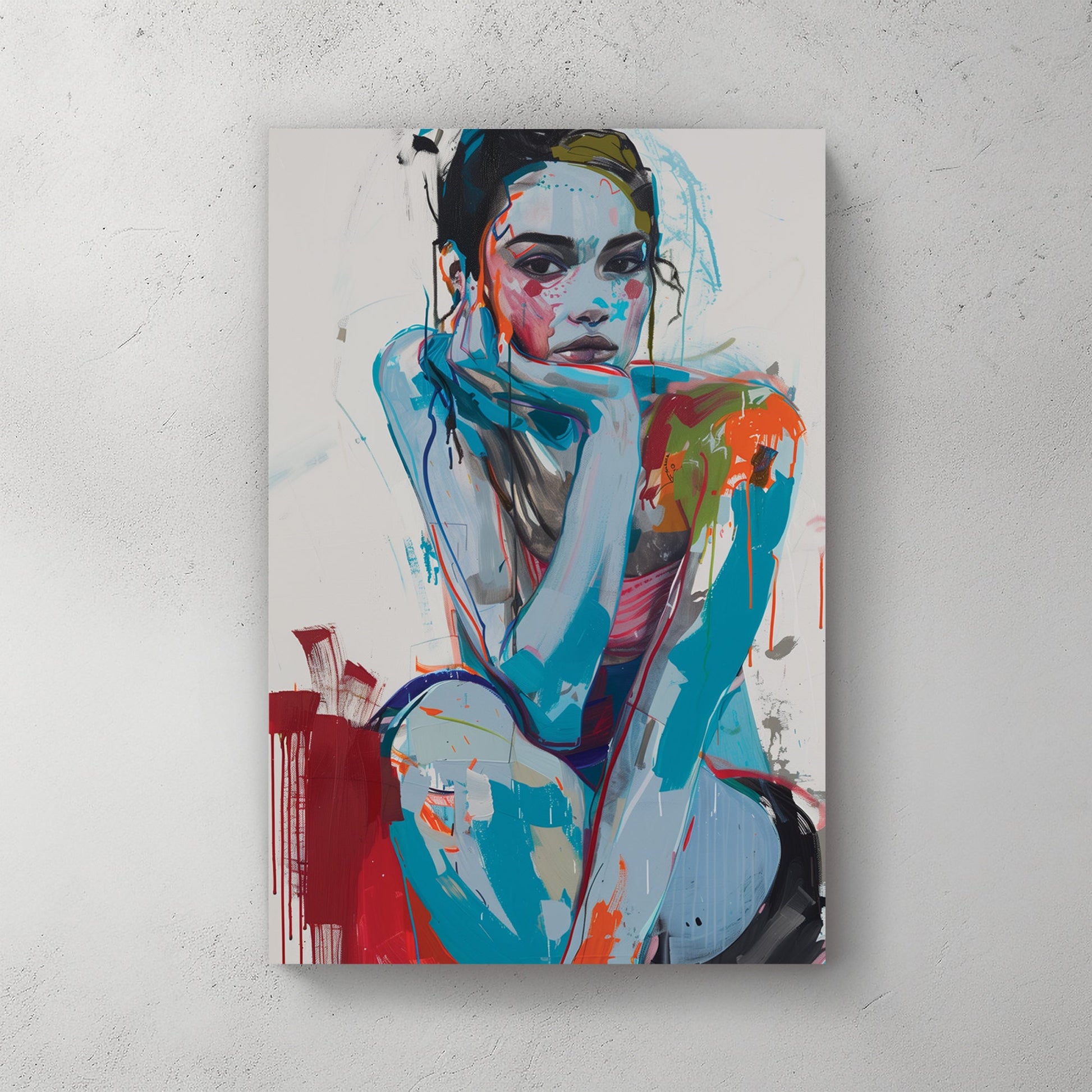contemporary abstract portrait of woman sitting with chin on hand in bold blue and red
