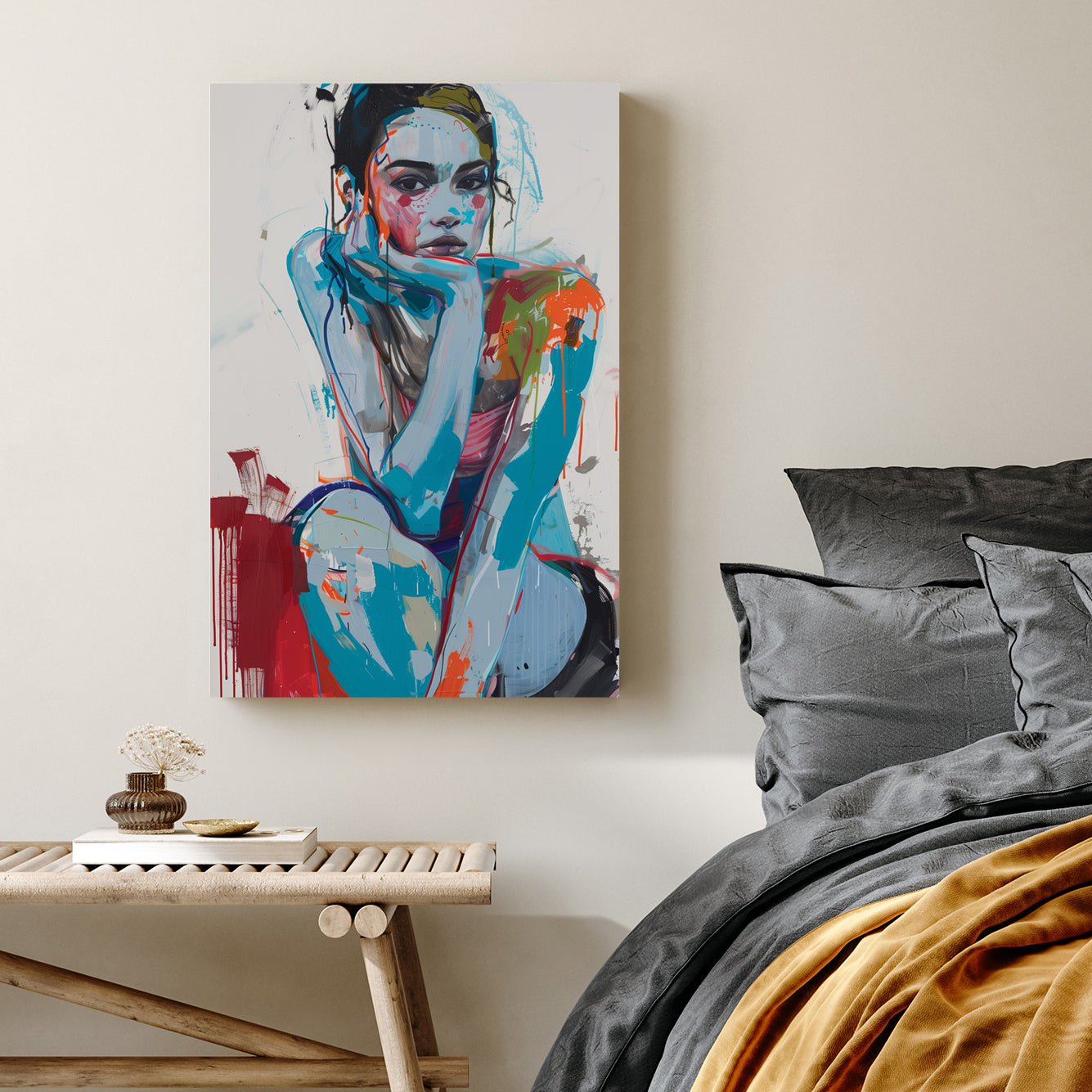 contemporary abstract portrait of woman sitting with chin on hand in bold blue and red