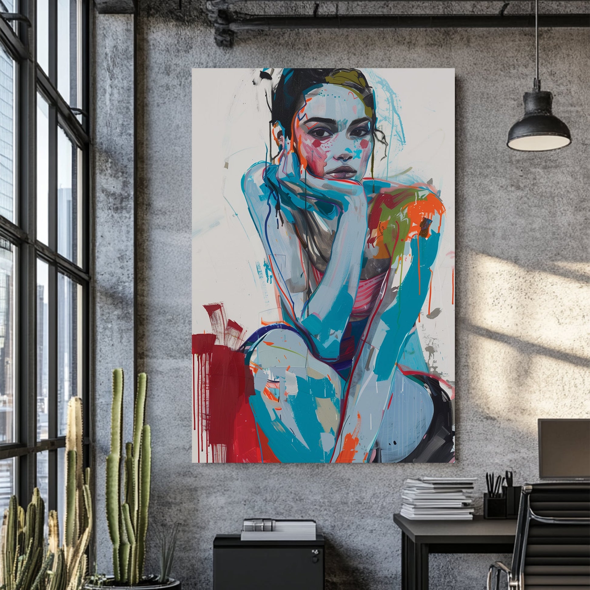 contemporary abstract portrait of woman sitting with chin on hand in bold blue and red