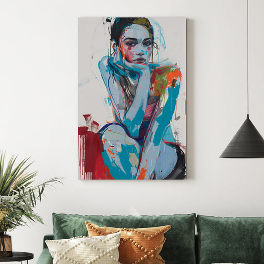 contemporary abstract portrait of woman sitting with chin on hand in bold blue and red