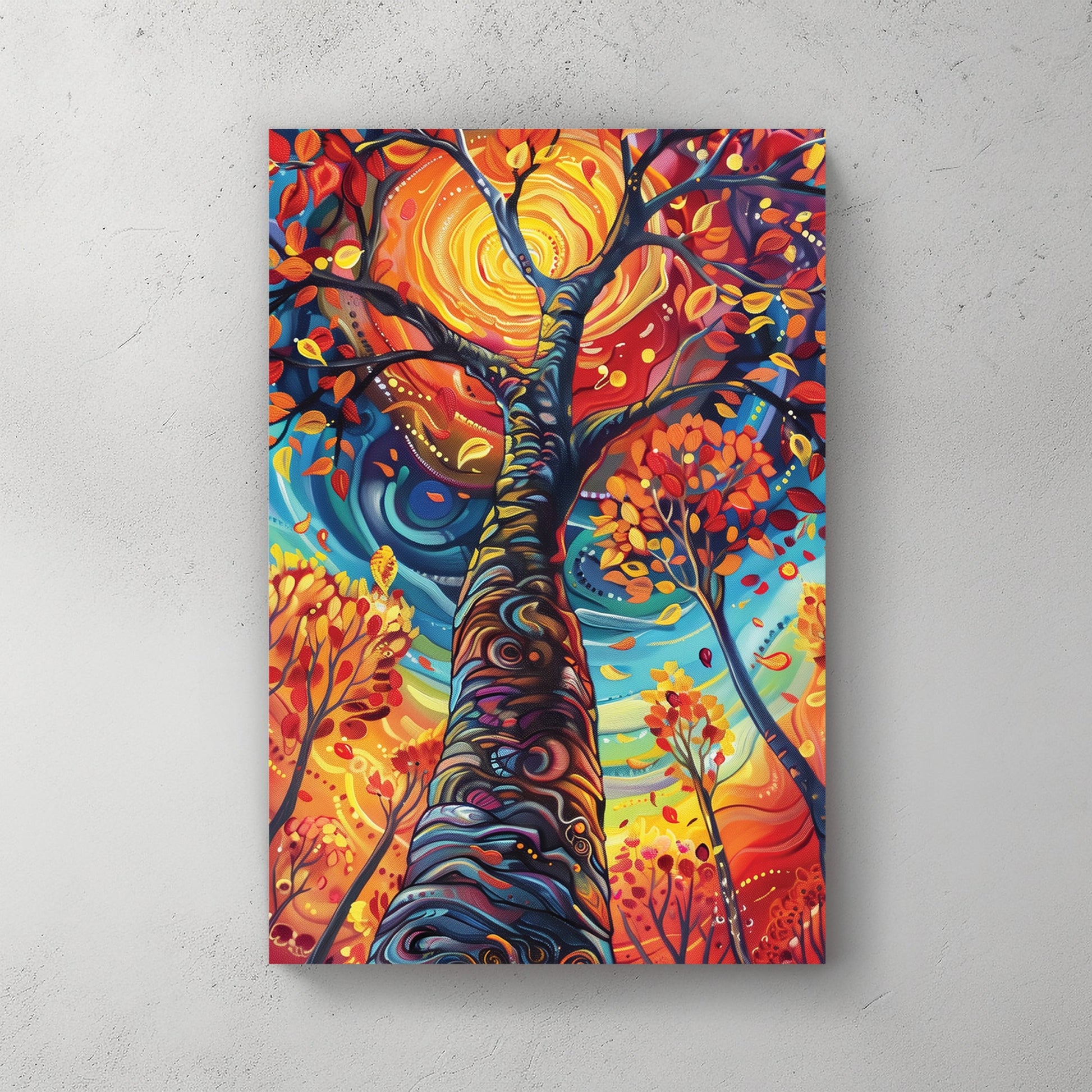 vibrant swirling tree with glowing orange sun and abstract leaves wall art