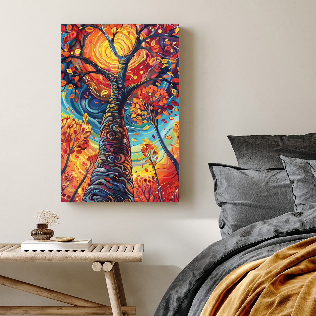 vibrant swirling tree with glowing orange sun and abstract leaves wall art