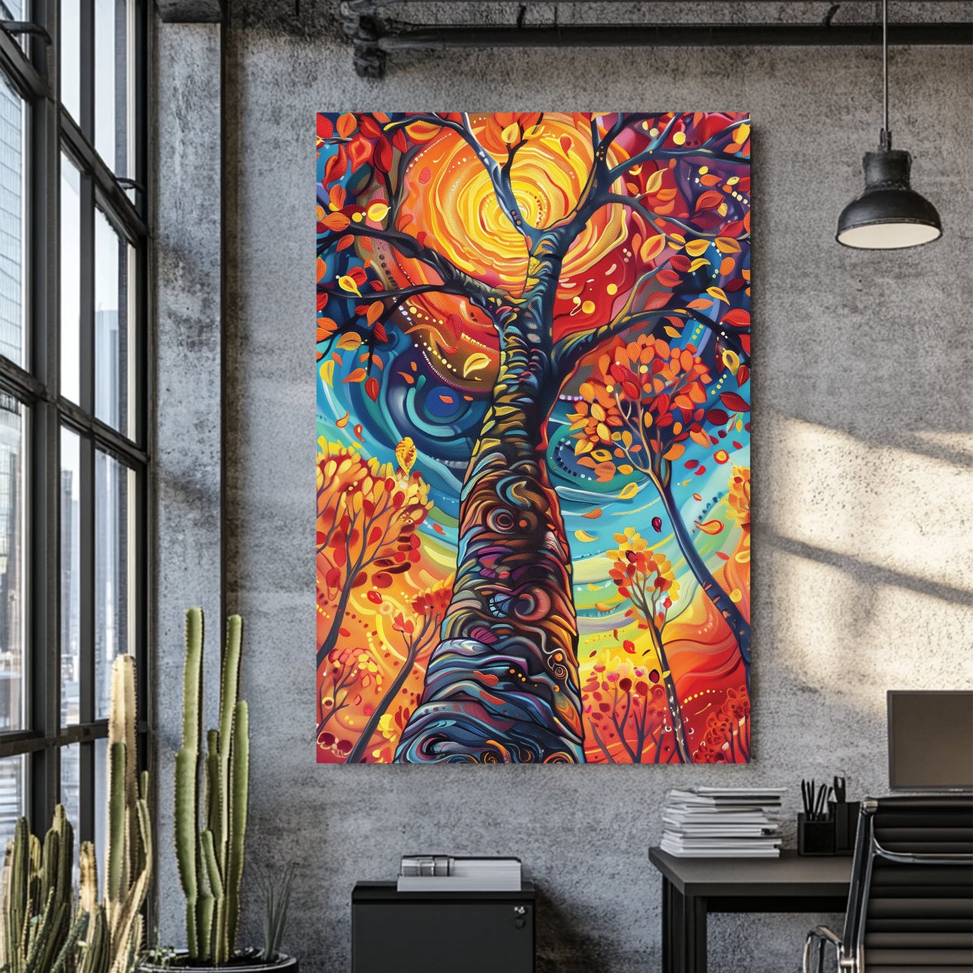 vibrant swirling tree with glowing orange sun and abstract leaves wall art