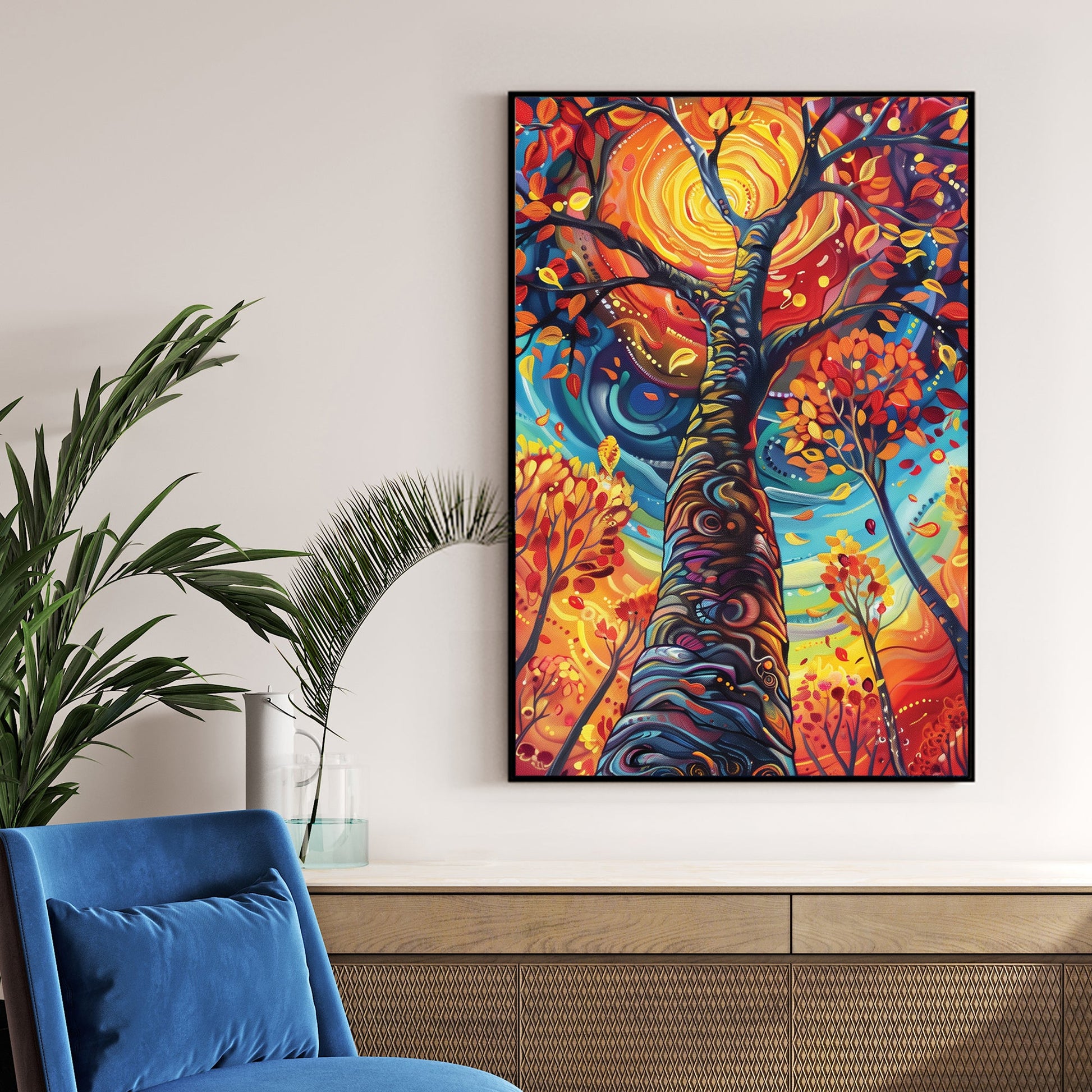 vibrant swirling tree with glowing orange sun and abstract leaves wall art