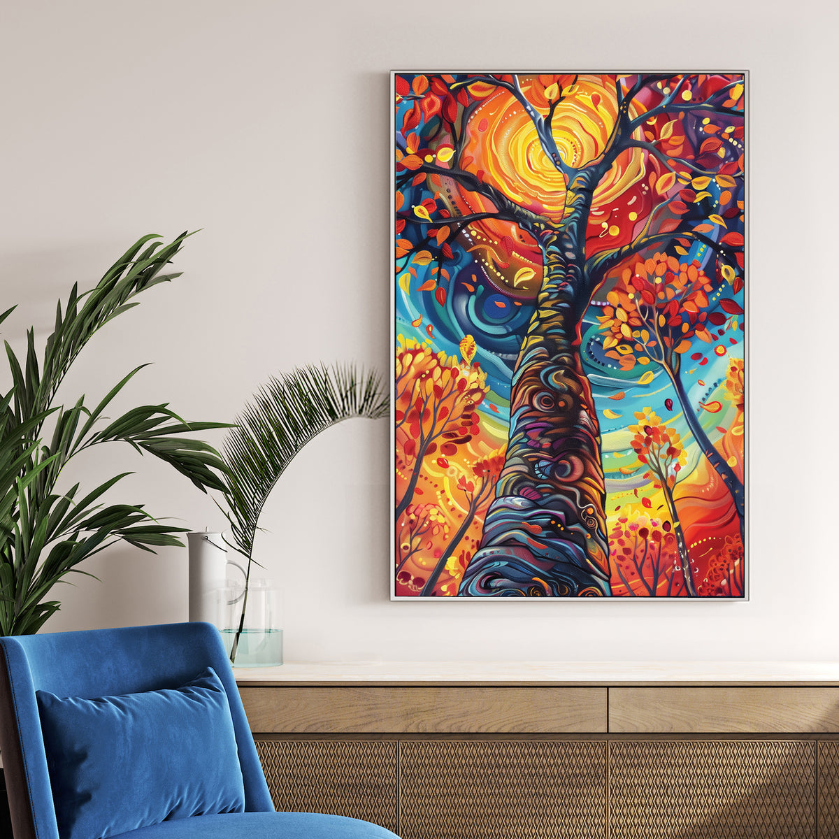 vibrant swirling tree with glowing orange sun and abstract leaves wall art
